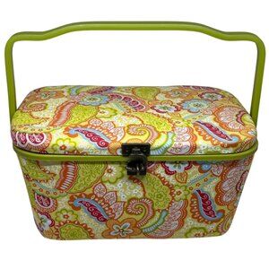 Vintage Multicolor Paisley Fabric Sewing Basket Lockable Lid Retro Craft Storage